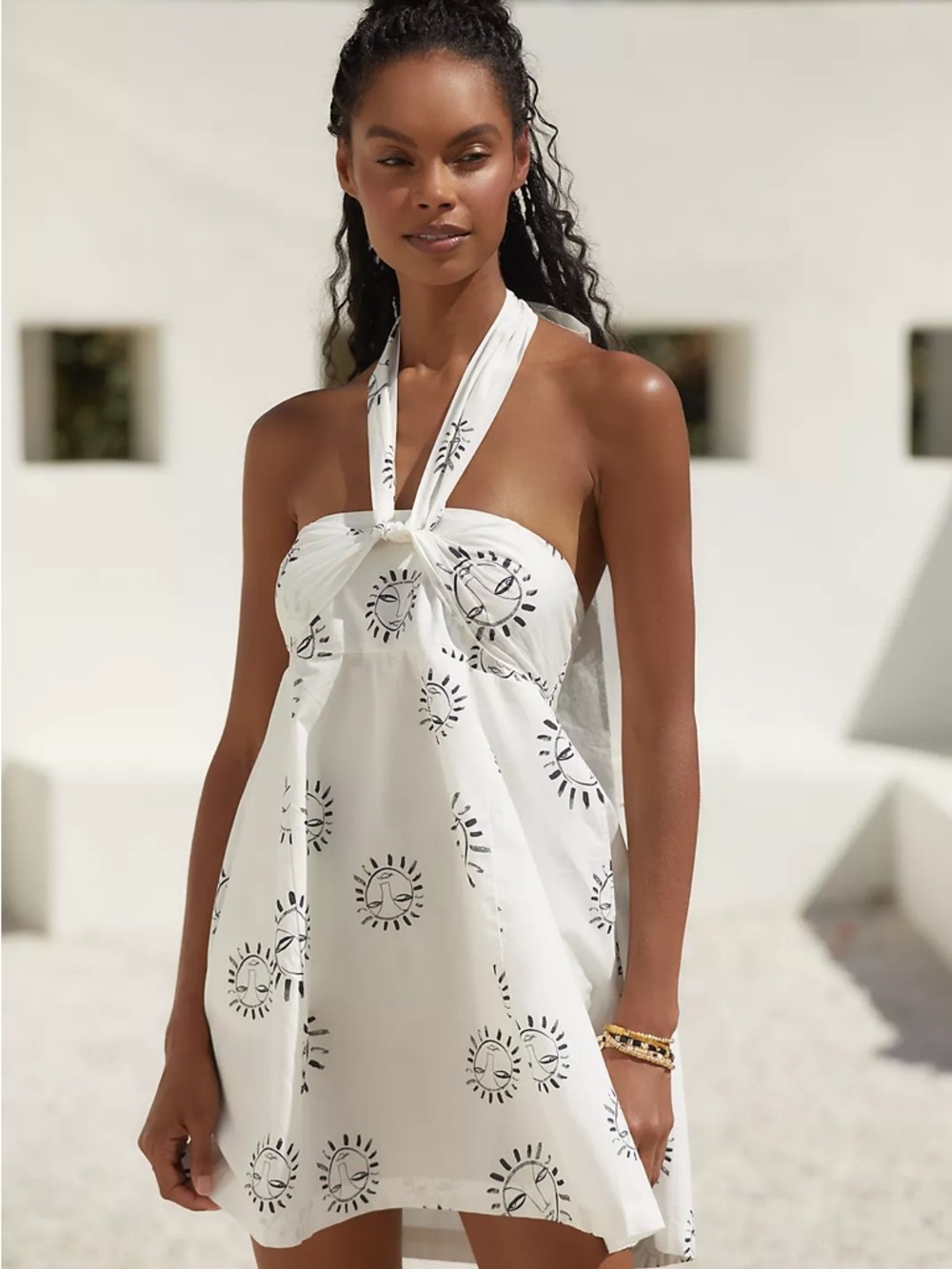 ANTHROPOLOGIE X Loulou Avenue White Halter Sun-Print Mini Dress Size M